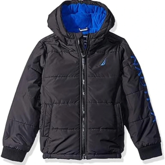 Nautica NWT Youth Blue Black Hooded Signature Puffer Coat